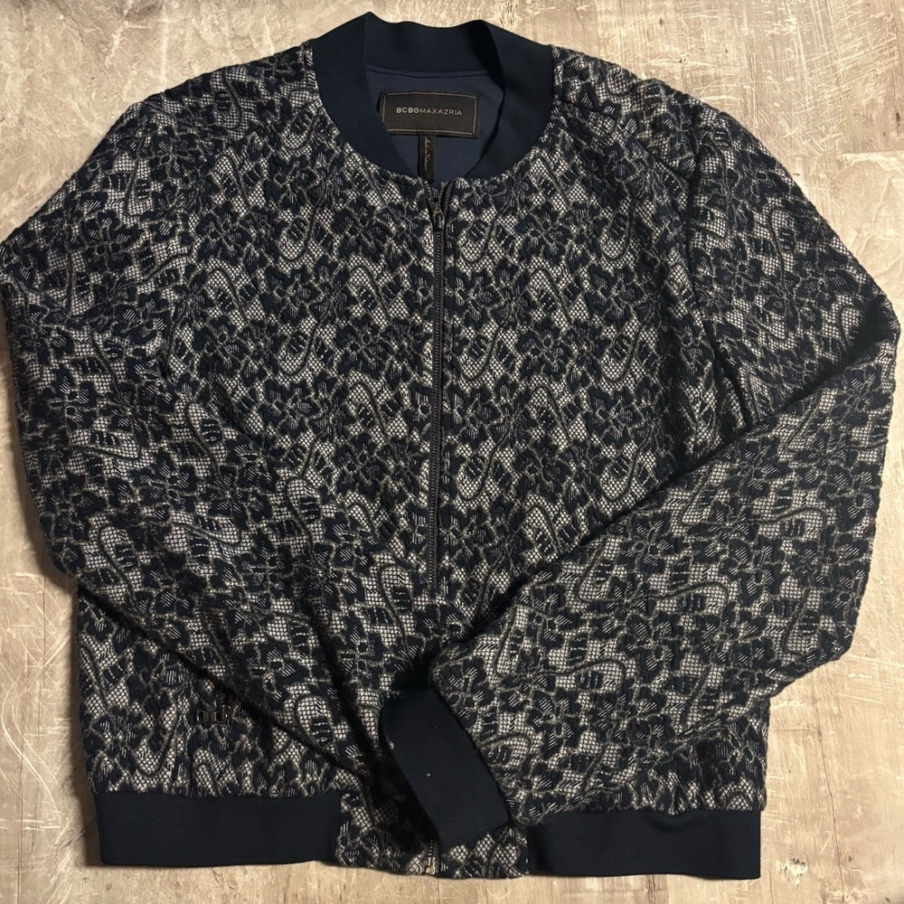 BCBGMaxAzria Blue and Gray Lace Textured Floral Bomber Jacket - Picture 2 of 8